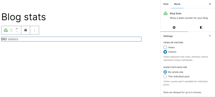 Image showing blog stats and 562 visitors count for a demo site.