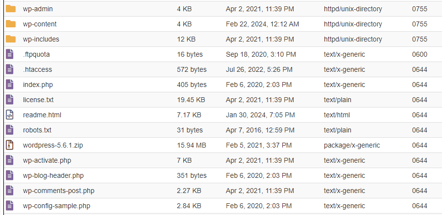 Locate the root directory and open it. If you want to confirm you’re dealing with the root folder, you’ll see several recognizable WordPress files and folders inside.