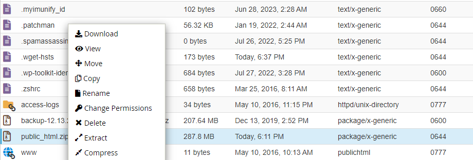 In either case, you’ll need to right-click on the zipped backup file within the file manager and select the Extract option.