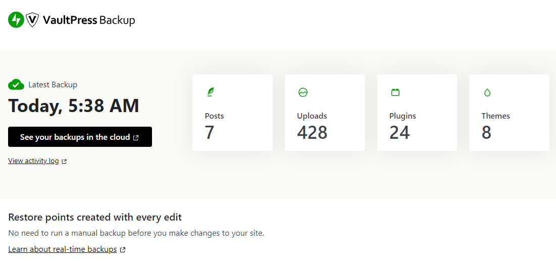 VaultPress Backup offers completely automated, real-time backups and ultra-secure offsite storage. The plugin creates backups every time you make changes to your site.