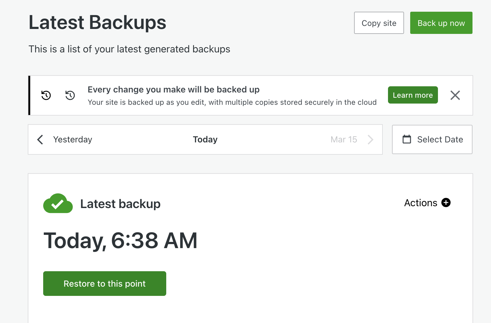 list of the latest backups from Jetpack
