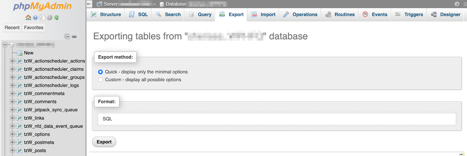 export options for database table