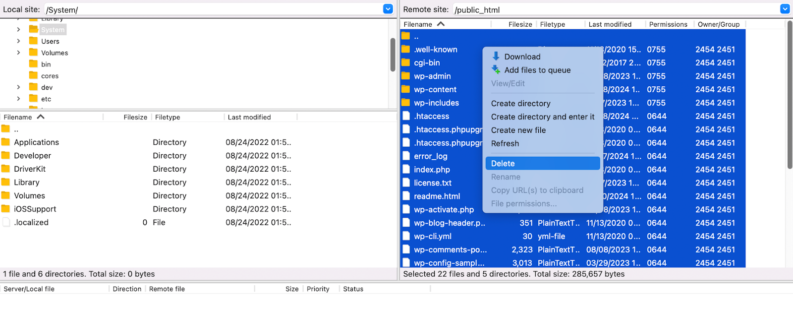 deleting files from FileZilla