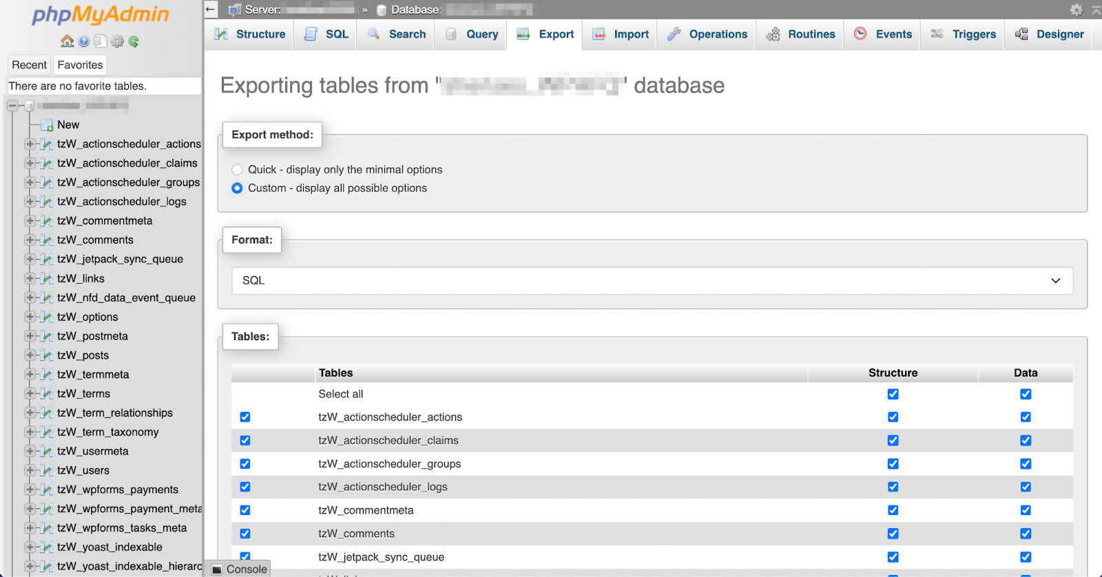 exporting a database table
