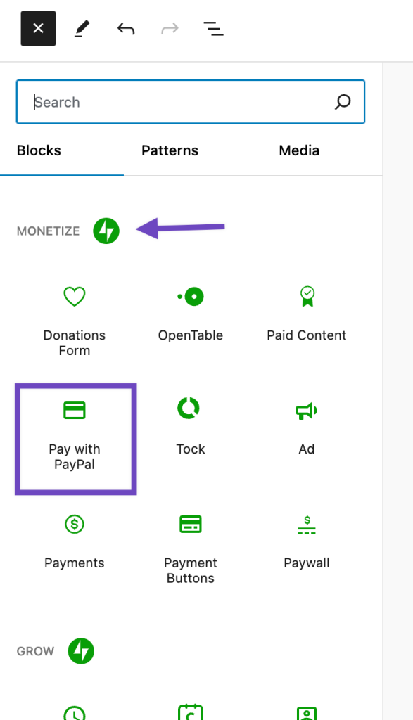 Pay with PayPal block is located in the Monetize Blocks section.