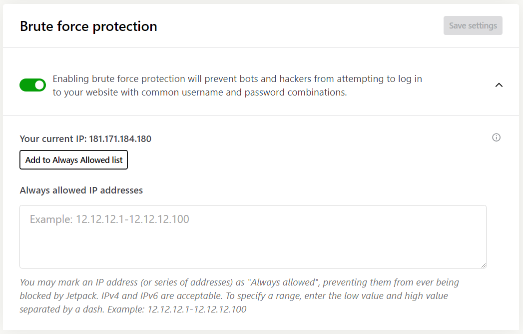 Jetpack brute force attack protection dashboard