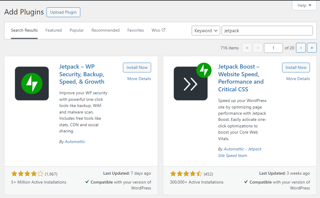 Jetpack plugins listed in the WordPress dashboard
