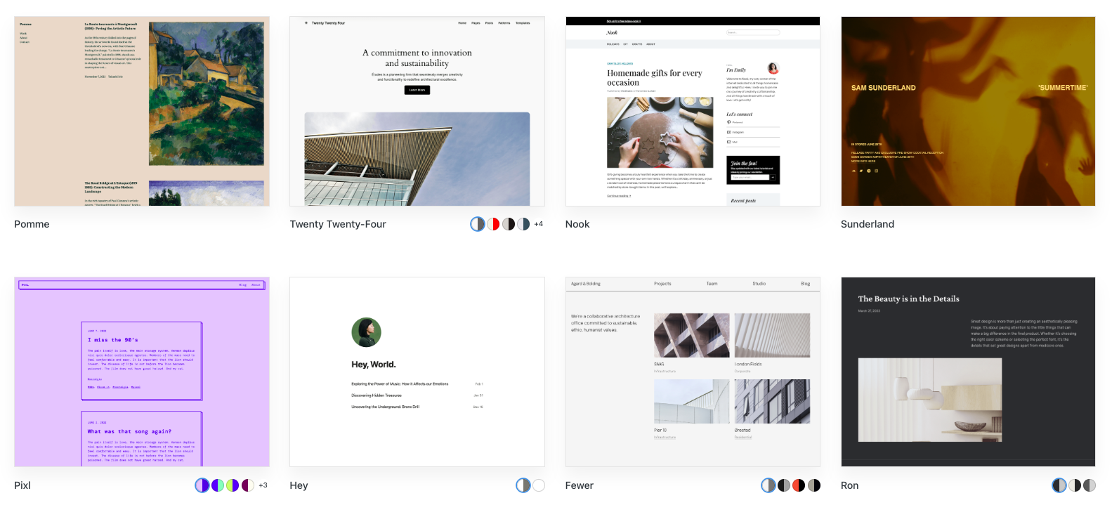 A selection of WordPress themes available from https://wordpress.com/themes/free
