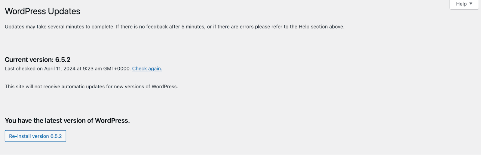 Here, you can see if there's a new version of WordPress to install, or you can click on the Check again link to make sure.