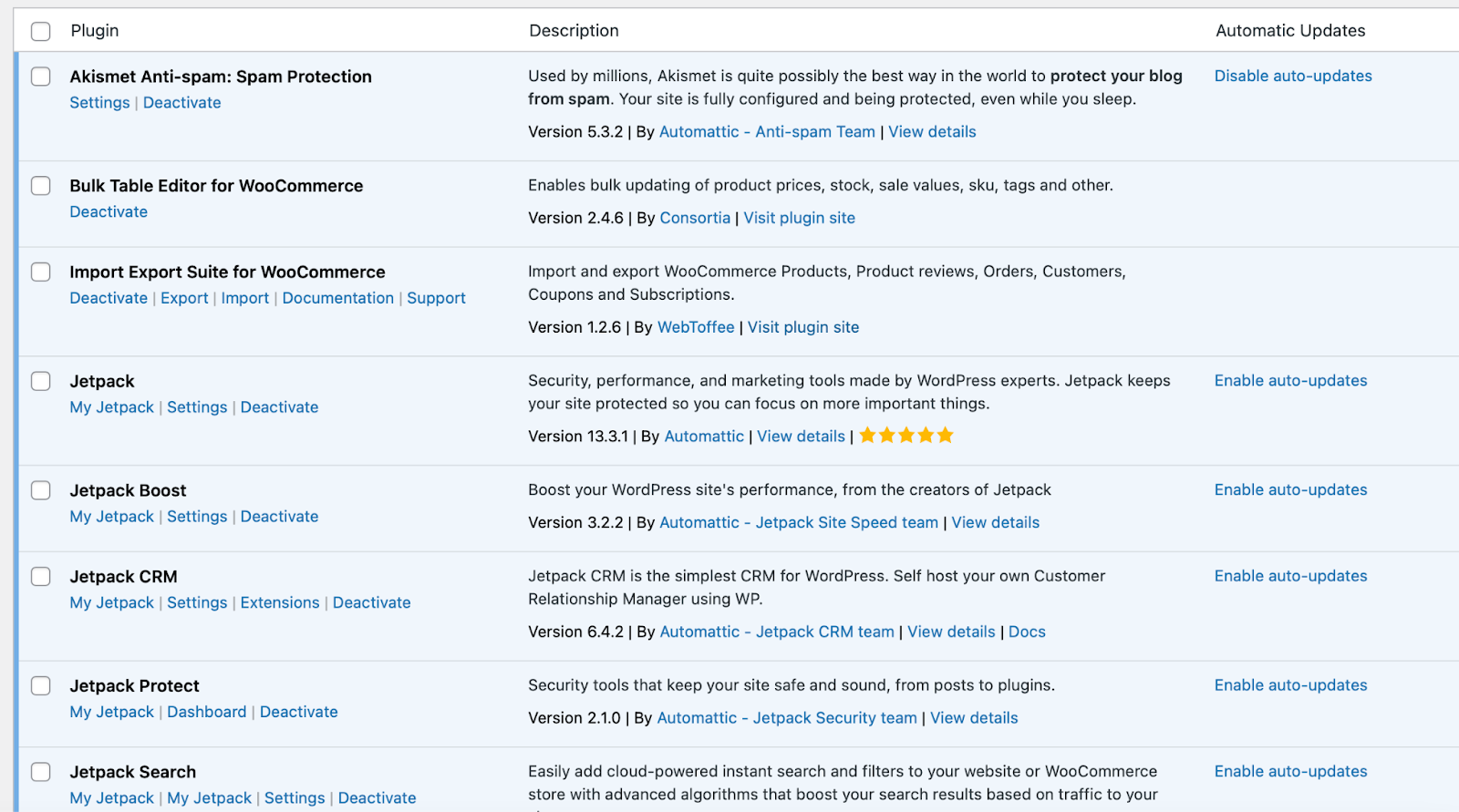 In the Automatic Updates column, you should see an Enable auto-updates link beside each installed plugin.