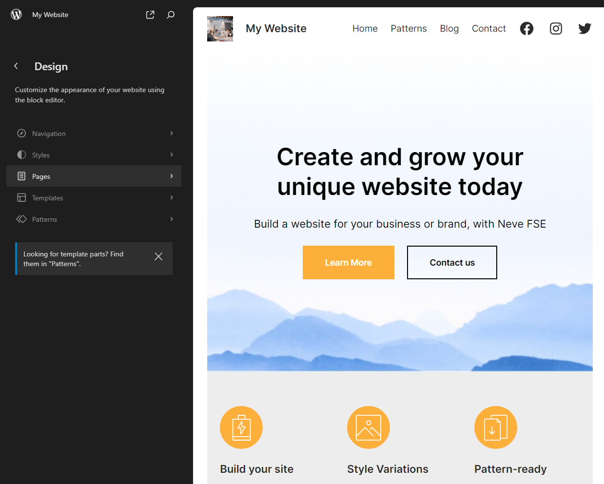 page tab in the WordPress site editor