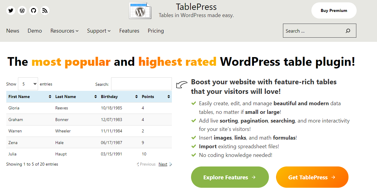 TablePress is a comprehensive WordPress table plugin that comes with live sorting, pagination, search functionality, and other features.