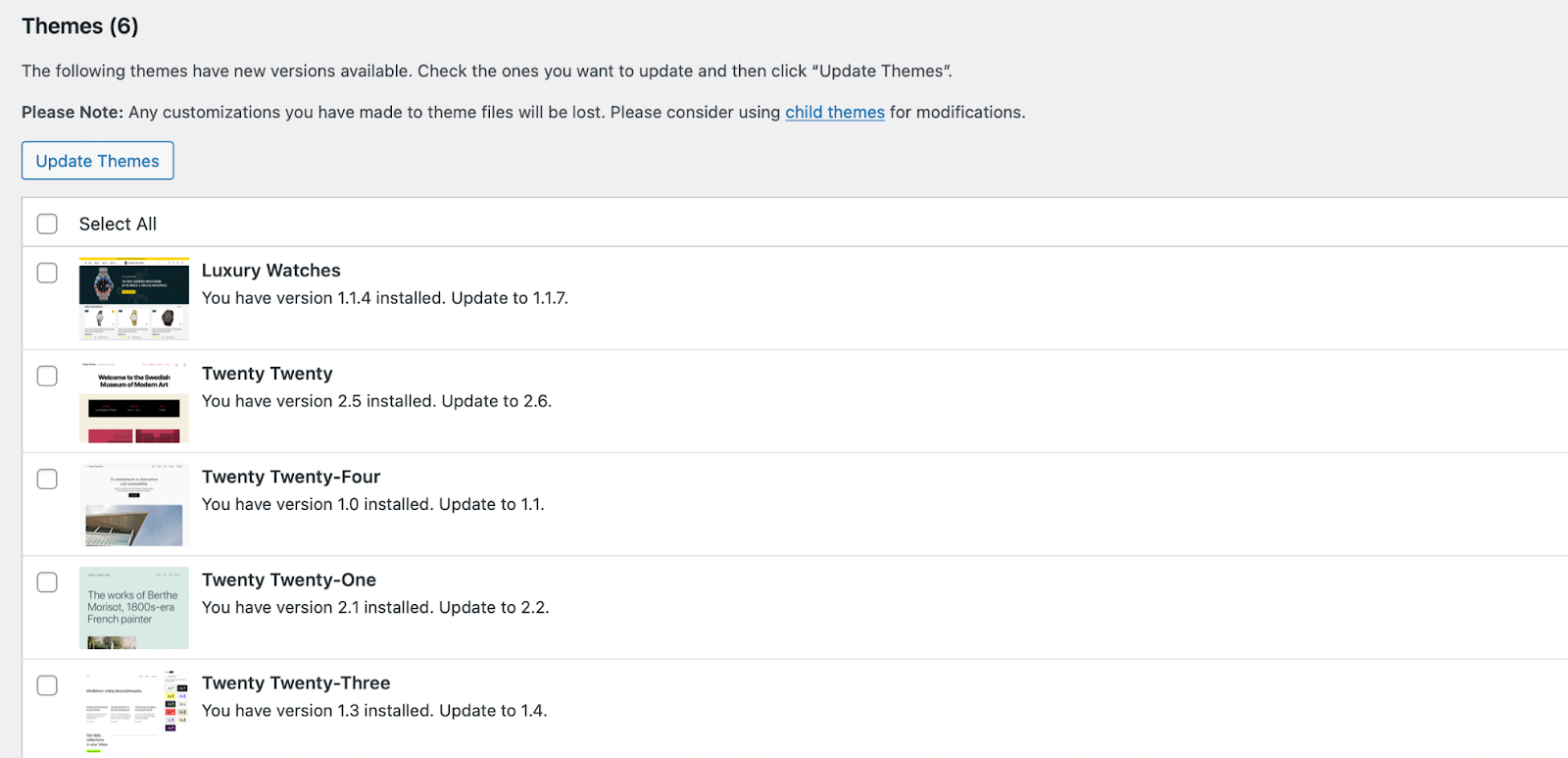 To update plugins and themes, check the box next to each one, and then click on Update Plugins or Update Themes. 