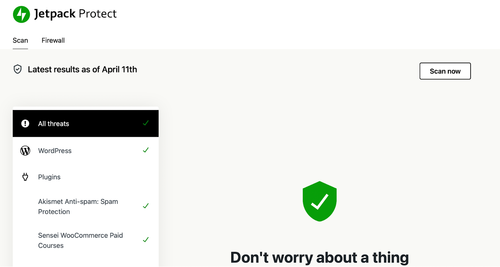 Then, go to Jetpack → Protect → Scan to view the results (although you may need to authorize your WordPress.com account first)