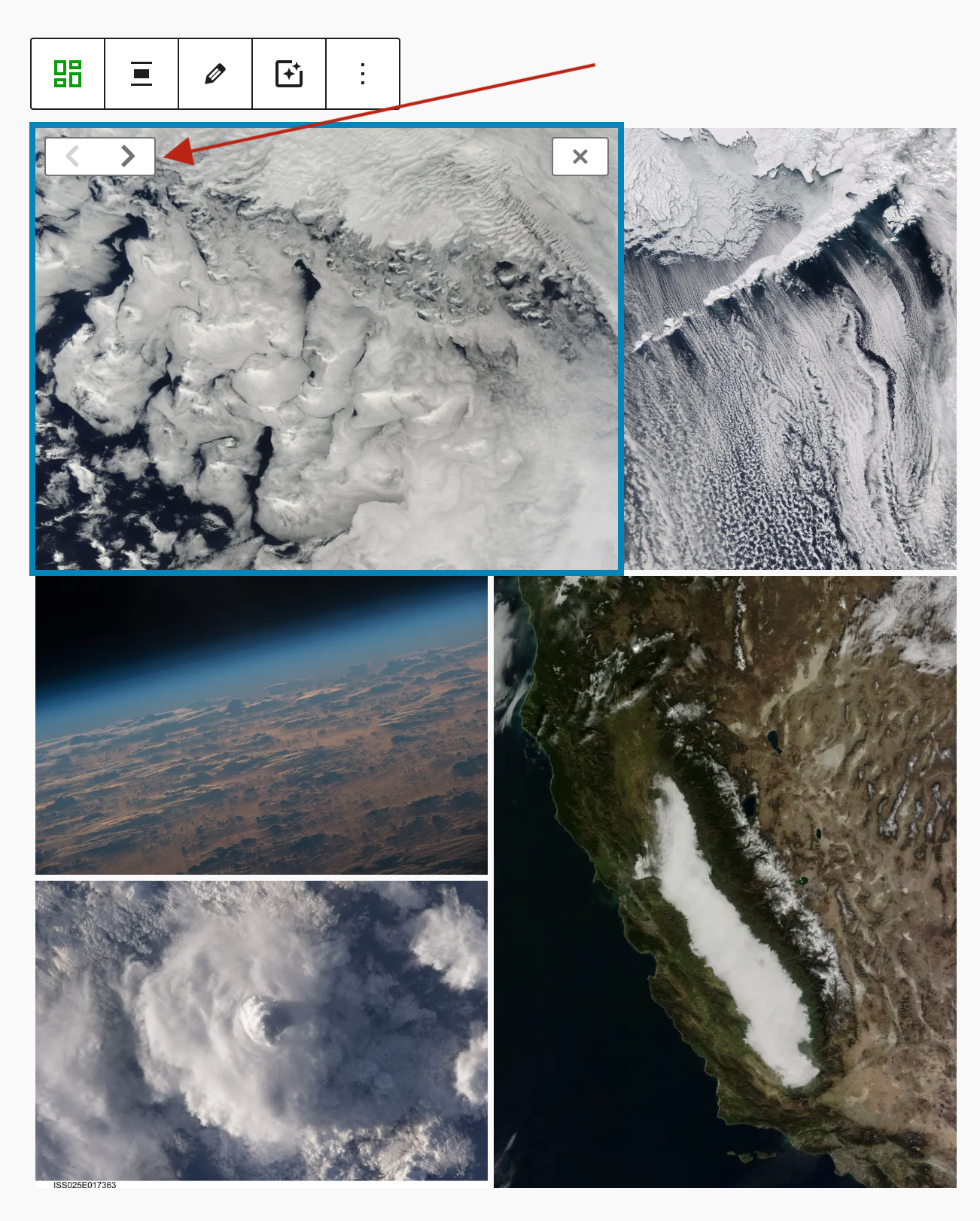 Screenshot of a Tiled Gallery with one image selected. The image has right/left arrows to move it, and an `X` to remove it from the gallery. 