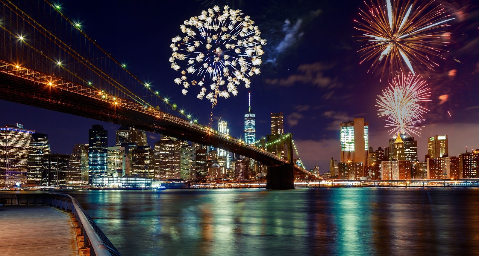 View of fireworks going off above a city skyline on the water with a bridge in the foreground.