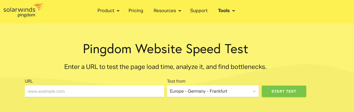 Solarwinds Pingdom testing page with URL and location fields used to test page performance.