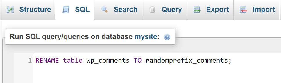 Selecciona tu base de datos y utiliza la pestaña SQL situada en la parte superior de la pantalla para ejecutar la siguiente consulta en cada tabla de la base de datos:
RENAME table wp_xxxx TO otherprefix_xxxx;