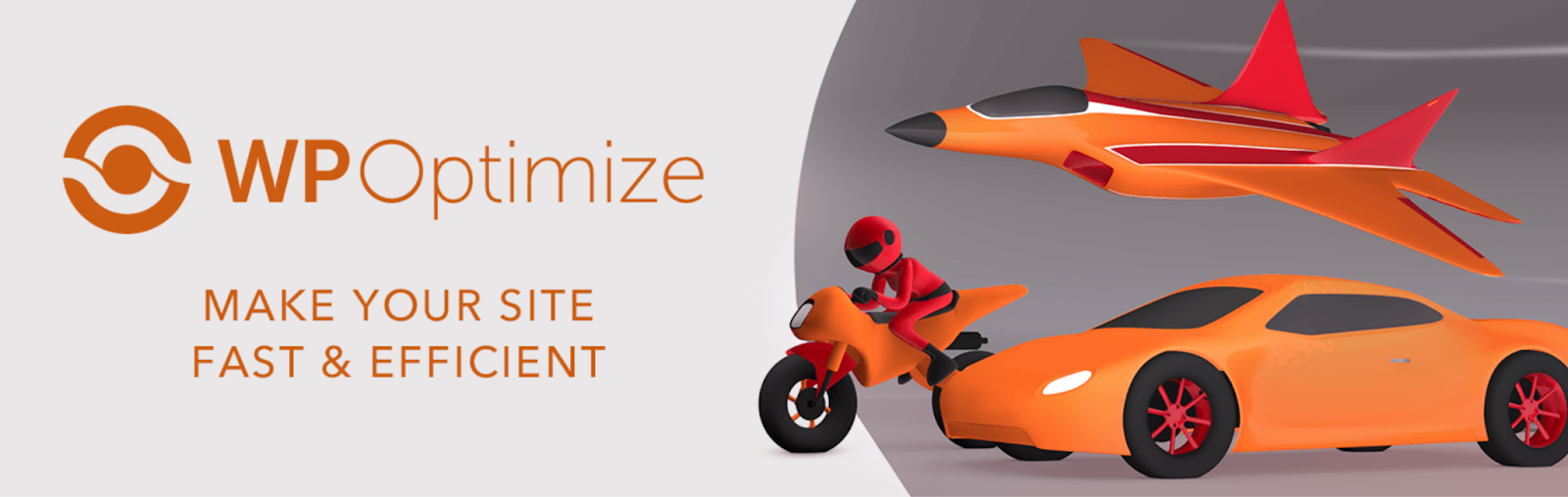 WP Optimize graphic with CTA text and a motorcycle, jet, and sports car. 