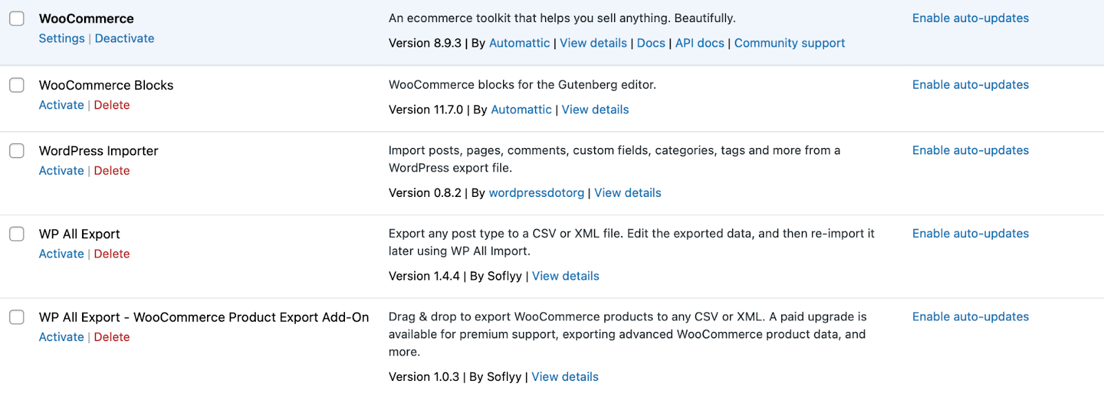 The plugin list in a WordPress Dashboard with several disabled plugins for optimized site performance.
