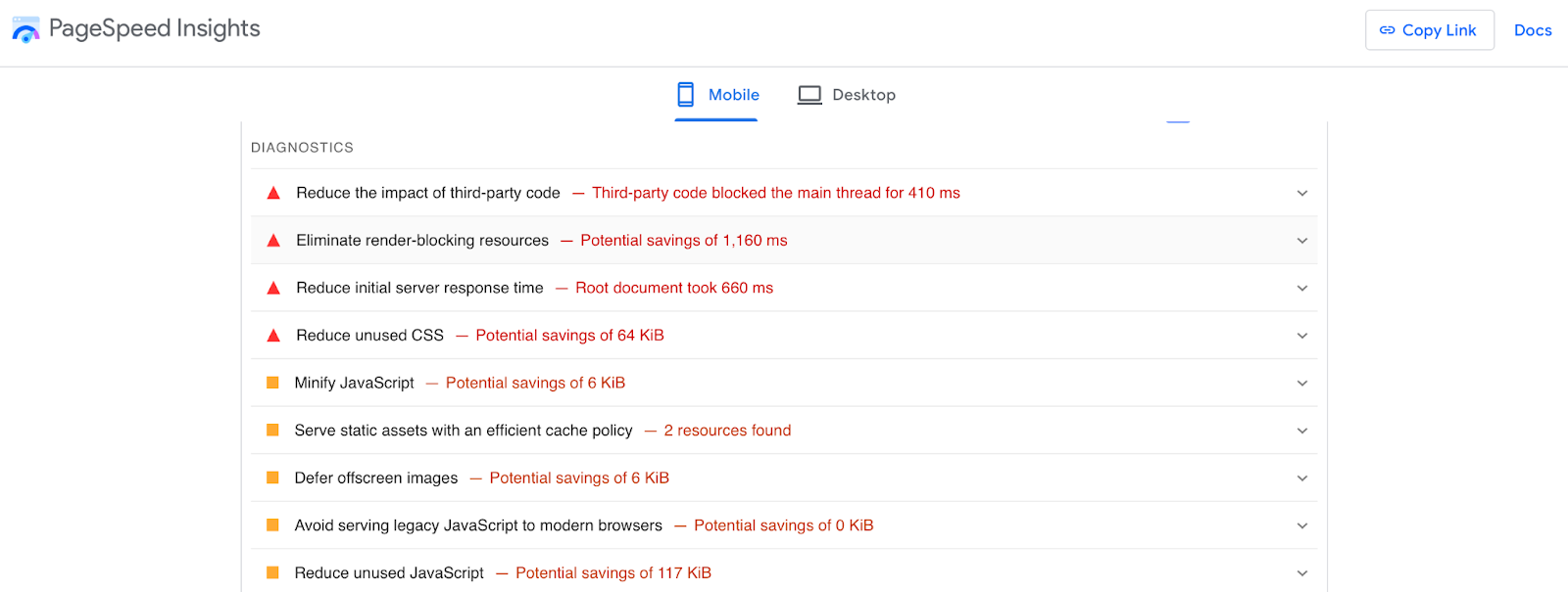 A mobile diagnostic report from Google Lighthouse displaying as a list with errors and warnings.