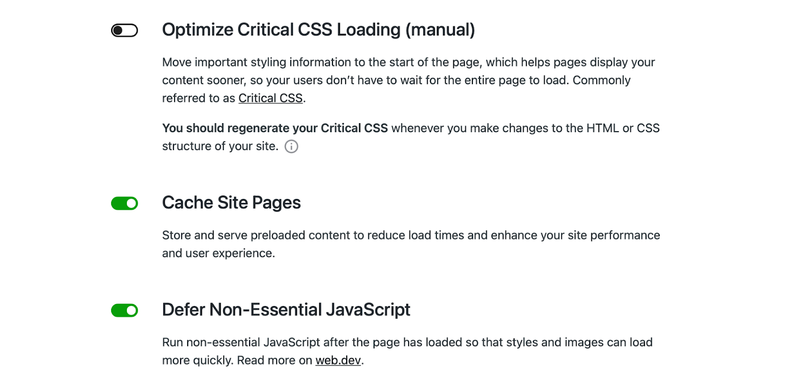 A snapshot of Jetpack Boost's feature toggles including CSS and JS optimization along with page caching.