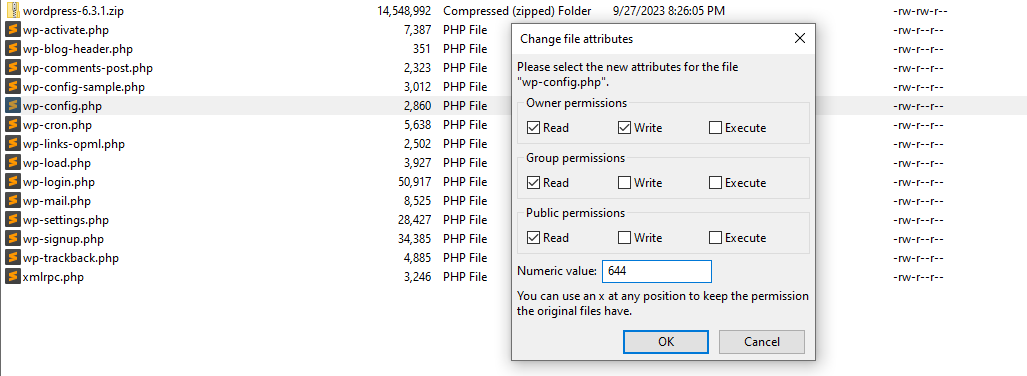 Puedes cambiar los permisos de los archivos del sistema de archivos de WordPress mediante FTP. 