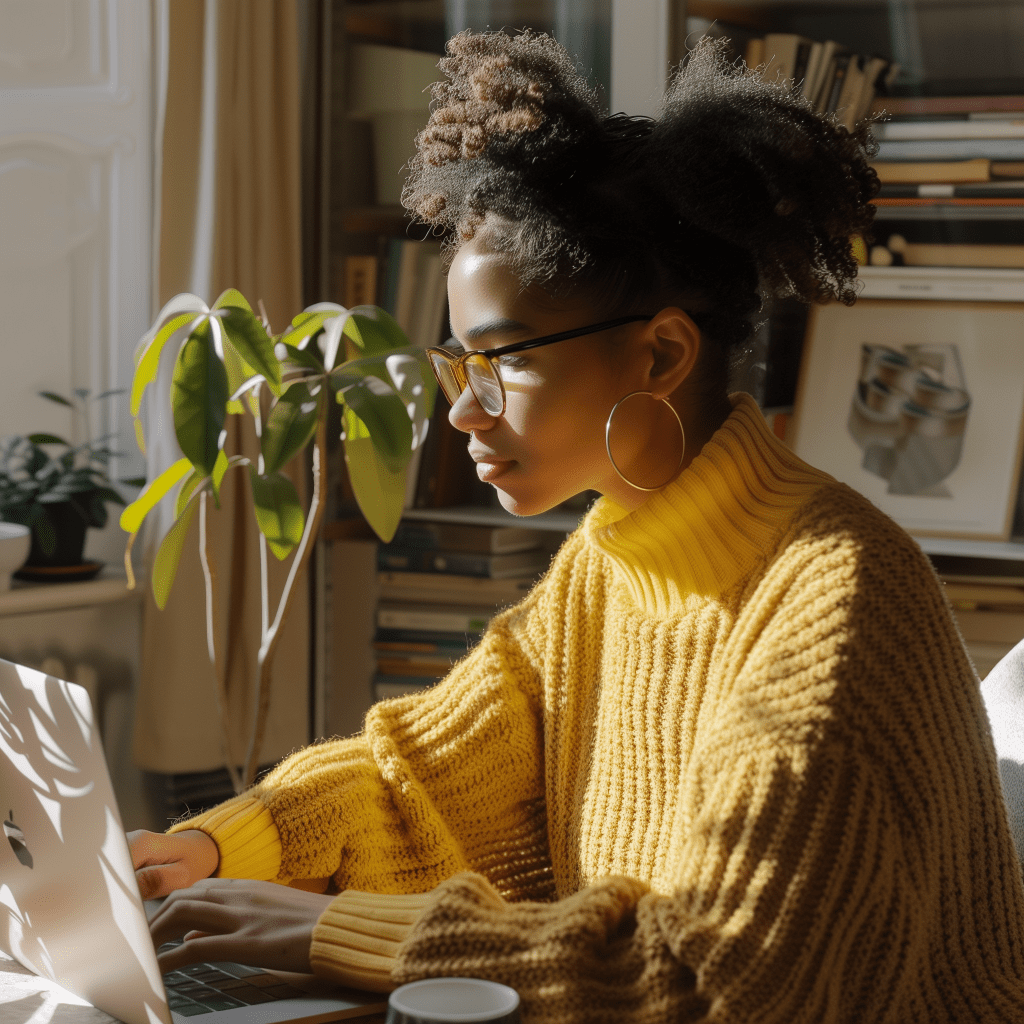 Photo of a girl typing on her laptop computer in a home office.