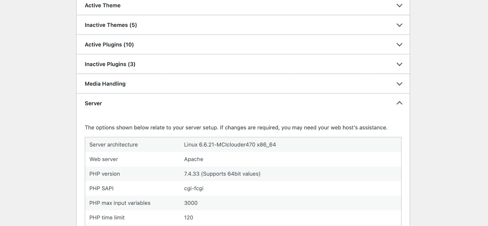 View of the Site Health screen within Tools in the WordPress Dashboard, specifically in the Server section where PHP version can be found.