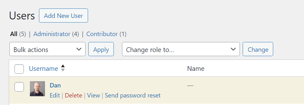Deleting users is a simple process. Go to Users → All Users, find the account, and select the Delete option. 