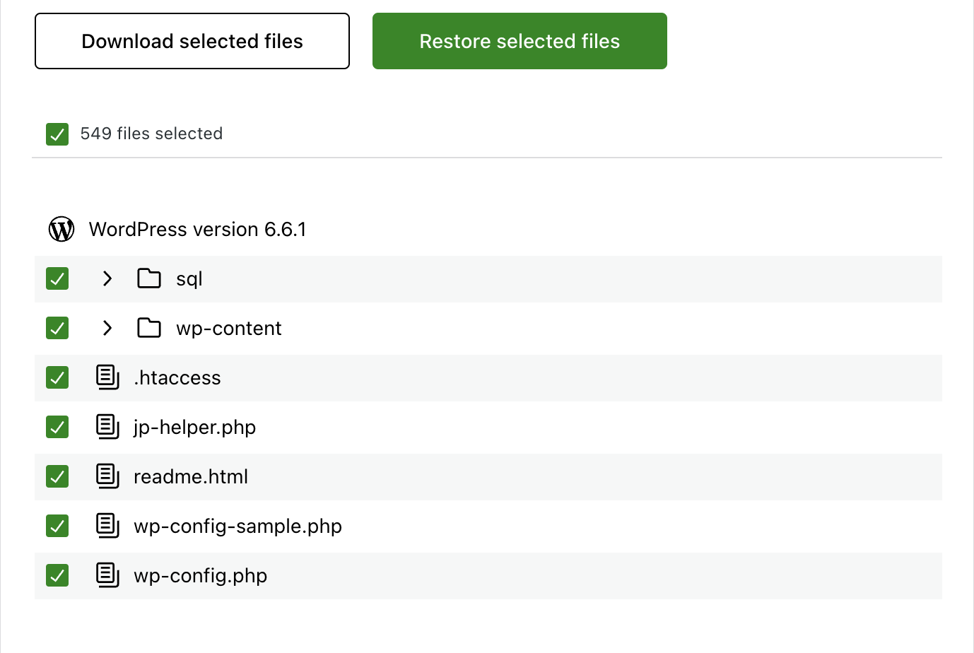 A selective/granular restore in Jetpack VaultPress Backup. A list of files/folders which can be selected/deselected before restoring.