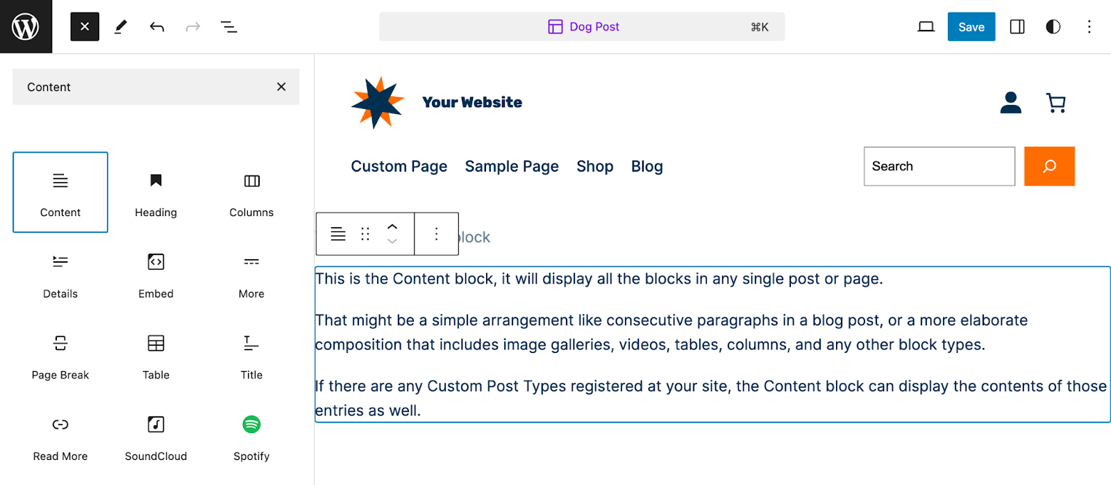 the content block in a template