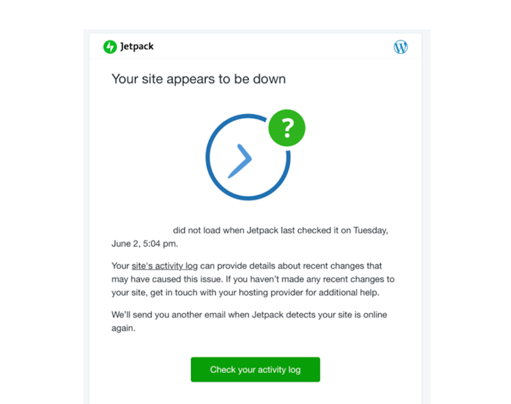 The downtime monitoring feature notifies you immediately if your site is down.