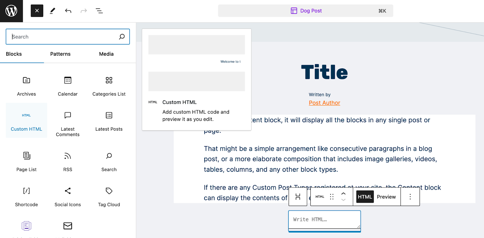 adding a custom html block