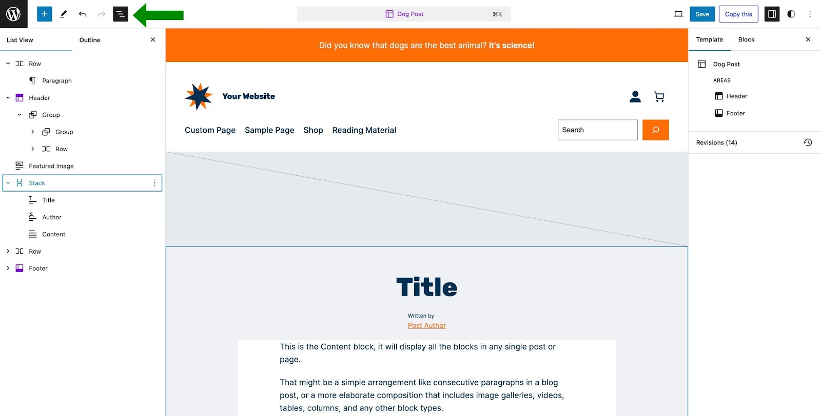 using list view in the Site Editor