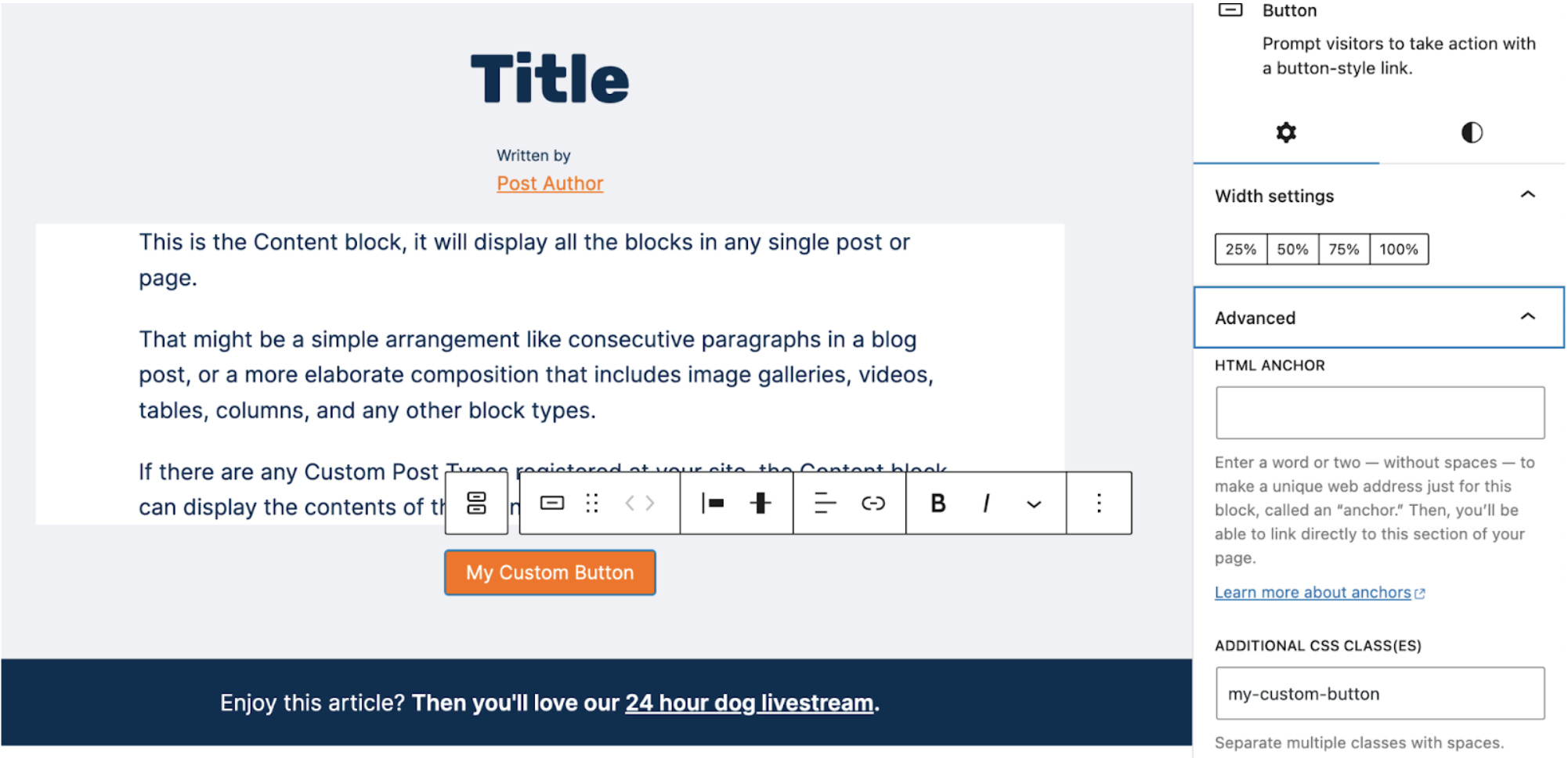 navigating to the Advanced section and adding a CSS class