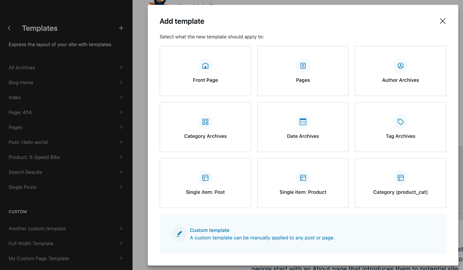 selecting what your new template should apply to