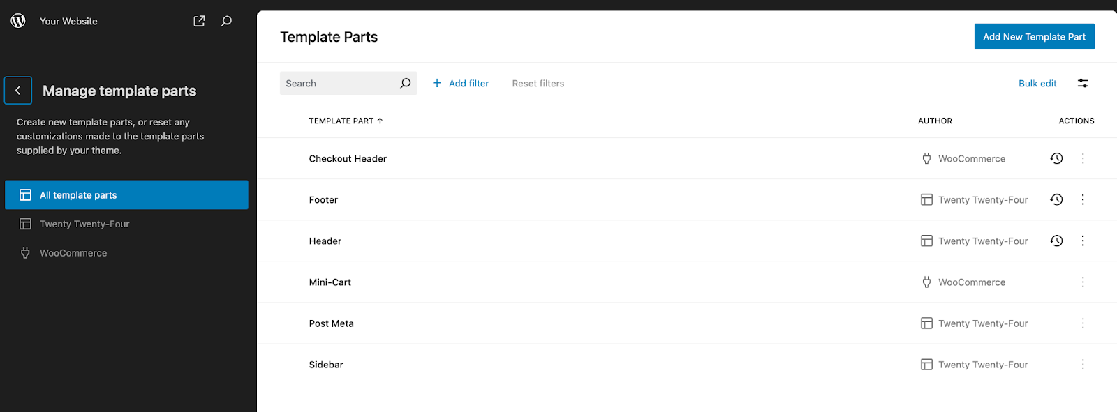 list of template parts on a website