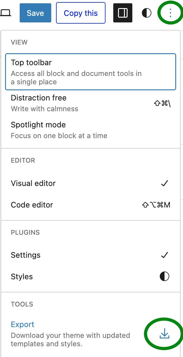 opening the top toolbar