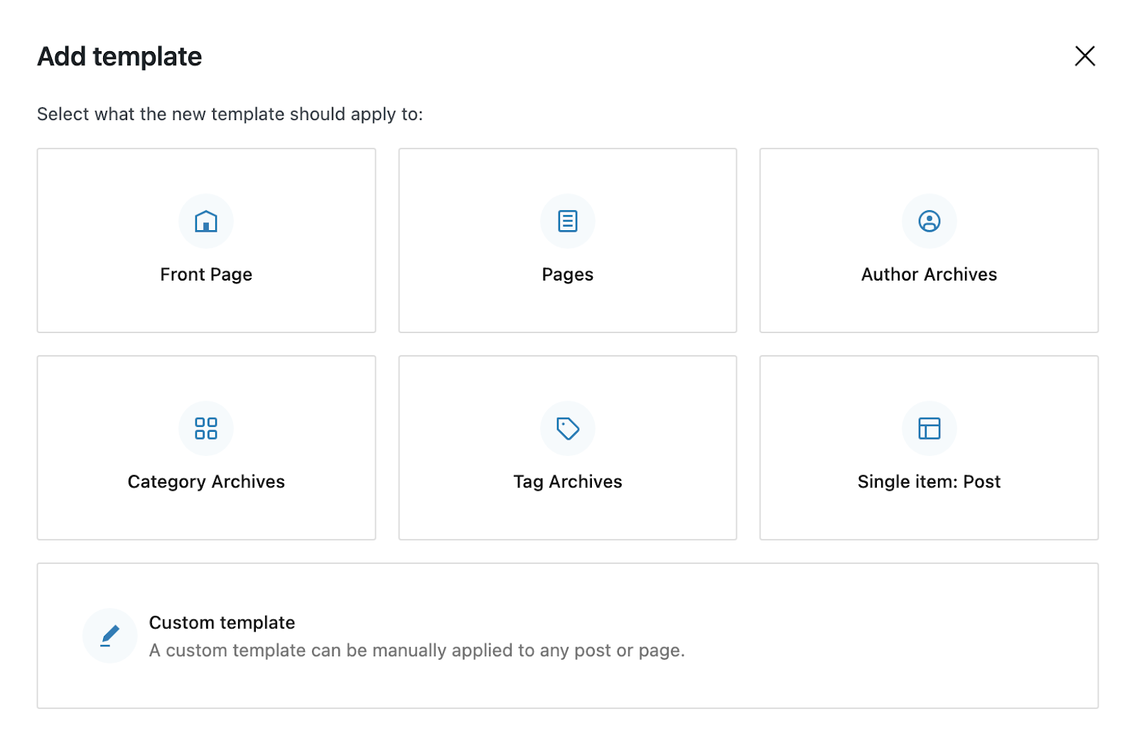 grid of options for applying the template