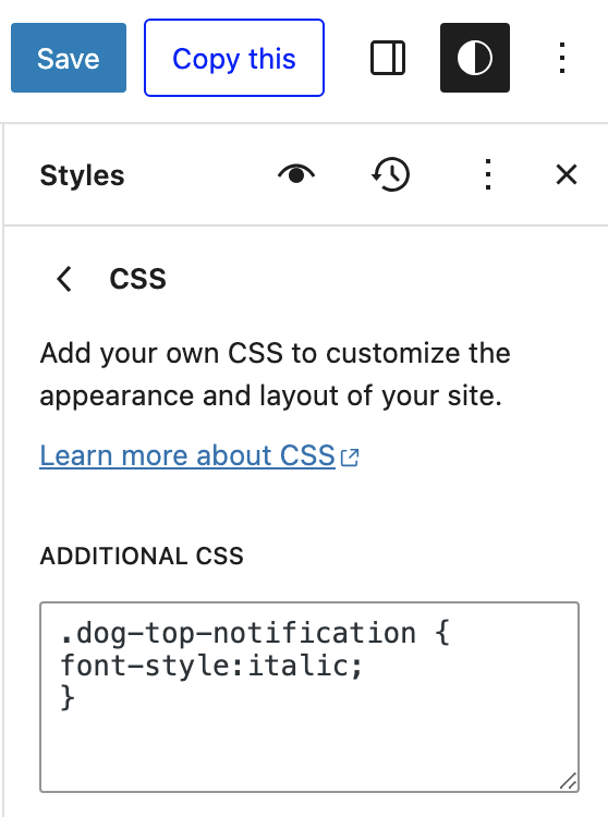 save button and CSS panel