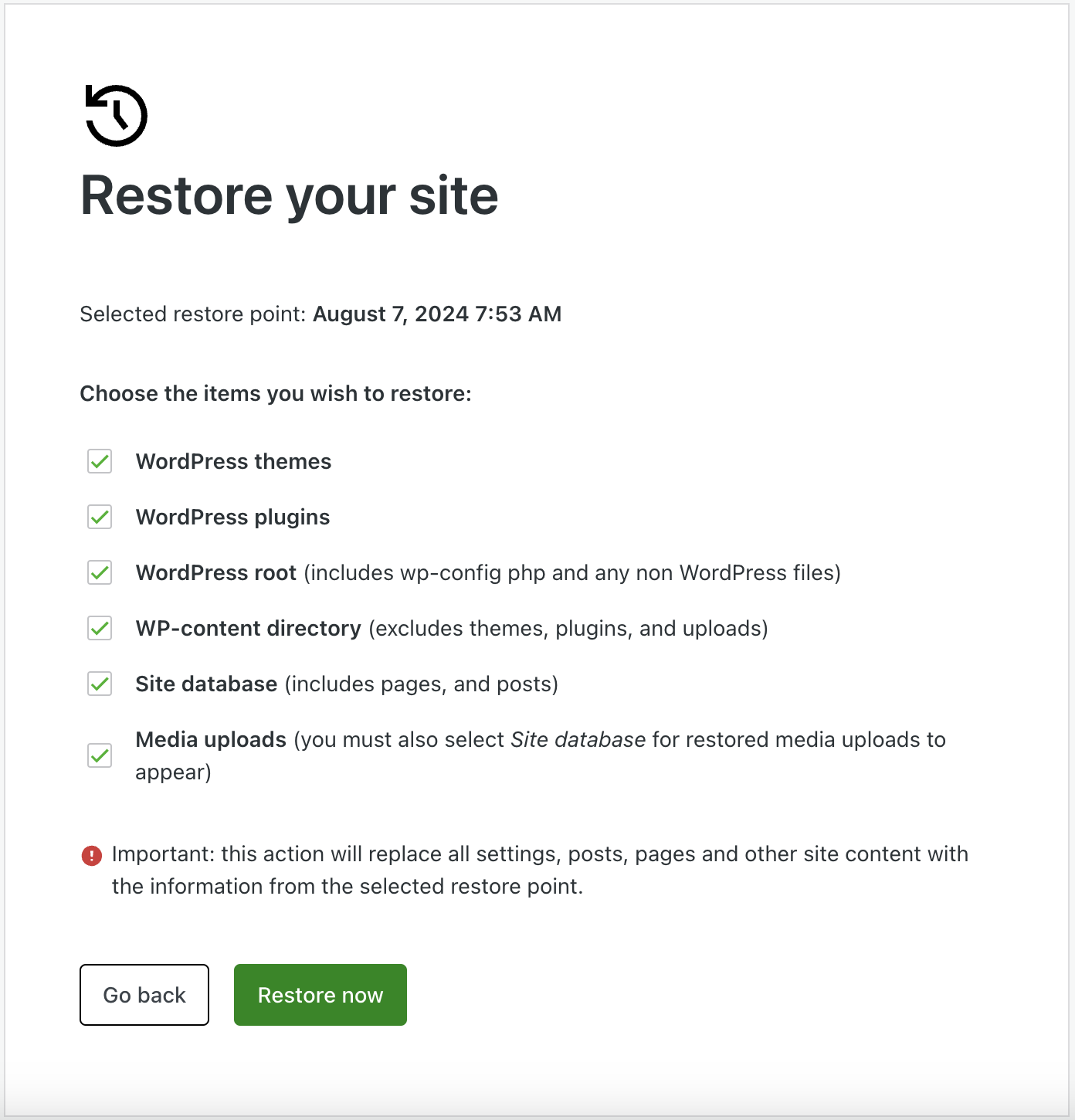Screenshot of the Restore site interface, with a checklist of types of items you wish to restore.