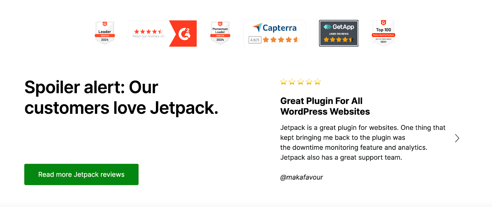 Example of awards and a five star customer review next to a Jetpack CTA directing to reviews page.