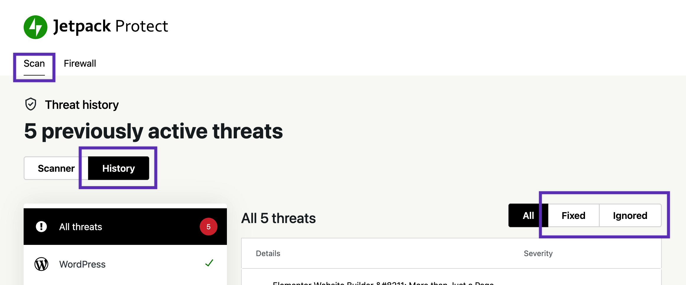 Screenshot from Jetpack > Protect highlighting how to access History view and the filtered Fixed and Ignored views