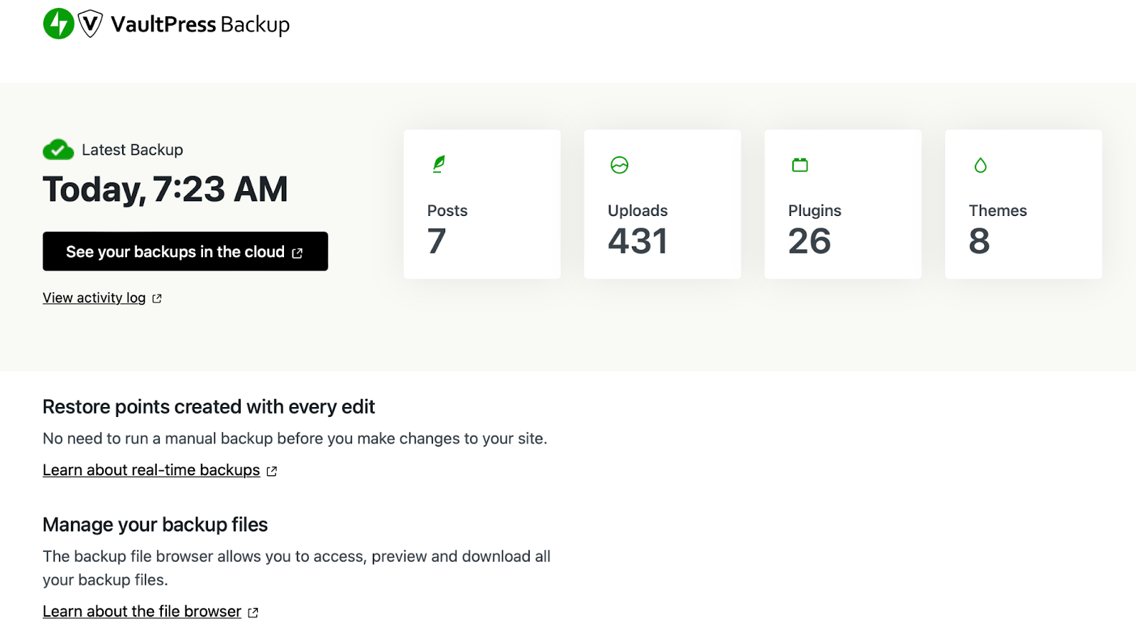 VaultPress Info - With Jetpack Security, you'll get access to real-time backups that automatically save every change you make on your site.
