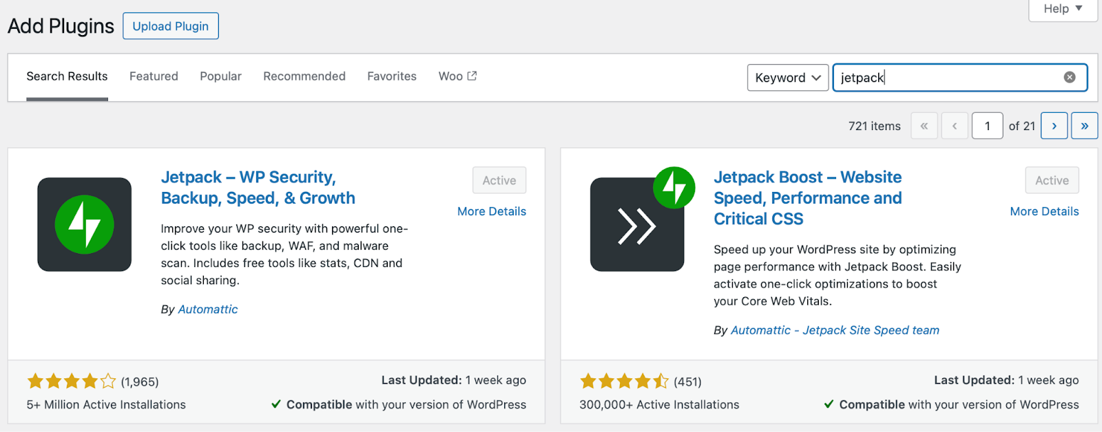 Jetpack and Jetpack Boost plugins in the WP plugin repository within the WP Admin (dashboard).