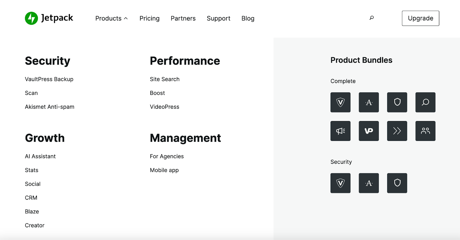 Jetpack.com main navigation menu item 'Products' dropdown displaying large format menu with categories, sub-menu items and icon for bundles.