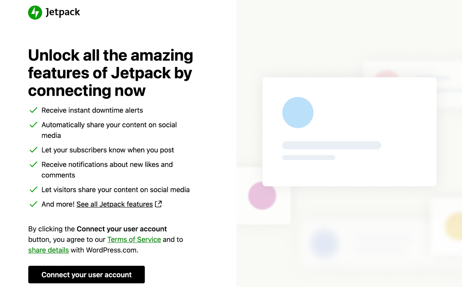 Jetpack CTA - You'll need to log in to your existing account, or create a new one. Once the connection is established, you can choose a Jetpack plan on the pricing page.