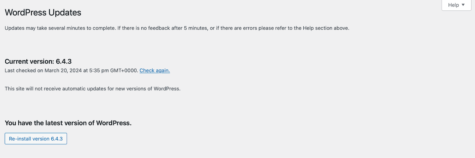 Then, from the WordPress dashboard, you can go to Dashboard → Updates to see if any plugins, themes, or core software have updates available.