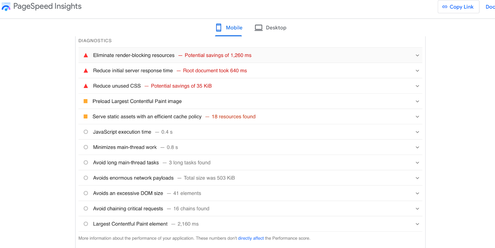 Clicking on Eliminate render-blocking resources will reveal a list of resources that PageSpeed uncovered during the test. 